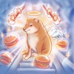  angel angel_wings artist_name aura baseball_bat burger commentary dog english_commentary food glowing halo holding holding_baseball_bat iahfy light_rays multiple_dogs original shiba_inu sparkle stairs sunbeam sunlight watermark wings 