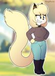  absurd_res anthro aurora_galvez_(sheriffpunchy) blue_eyes boots bottomwear clothing denim denim_clothing domestic_cat felid feline felis female footwear fur hair happy hi_res jeans jewelry mammal necklace pants sheriffpunchy solo sweater tan_body tan_fur tan_hair topwear 