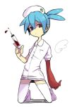  1boy blue_eyes buttons collared_dress crossdressing drawn_wings dress hair_between_eyes hat heterochromia holding holding_syringe lr. male_focus no_nose nurse_cap puyo_(puyopuyo) puyopuyo puyopuyo_fever red_eyes shaded_face short_hair sig_(puyopuyo) simple_background solo syringe thighhighs white_background white_dress white_headwear white_thighhighs 
