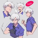  1boy akagi:_yami_ni_oritatta_tensai akagi_shigeru black_gloves black_shirt blue_eyes blue_shirt character_name cigarette closed_mouth collared_shirt commentary_request glaring gloves grey_background grey_hair holding holding_cigarette inudori laughing looking_afar looking_at_viewer male_focus medium_bangs multiple_views open_mouth profile shirt short_hair short_sleeves simple_background smile teeth throwing undershirt upper_body upper_teeth_only 