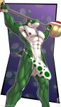  3_fingers abs anthro bodily_fluids exercise fingers genitals hi_res iudicium86 low-angle_view male mario_bros muscular nintendo nipples penis shell solo stretched_clothing sweat vein veiny_penis weightlifting workout yoshi 