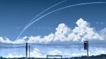  bench blue_sky chinese_commentary cloud commentary_request day highres no_humans original outdoors power_lines rune_xiao scenery sign signature sky star_(sky) starry_sky still_life utility_pole 