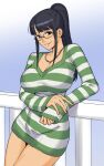  1girl black_hair breasts dress dyun glasses green_sweater grey_eyes high_ponytail highres jewelry large_breasts long_sleeves necklace nico_robin on_railing one_piece parted_lips railing short_dress solo striped striped_sweater sweater sweater_dress 