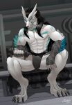  4_eyes abs anthro arm_markings biceps black_hair blue_body blue_eyes blue_markings blue_scales bulge canid canine canis chair chest_markings claws clothed clothing cut_ear dragon dumbbell exercise fangs furniture gym gymnastics hair hi_res hynvale hynvale_navayaghale_(hynvale) inside legwear lingerie lingerie_panties long_ears long_hair long_tail looking_at_viewer male mammal markings multi_eye muscular muscular_anthro muscular_male muscular_thighs night on_chair pattern_clothing pinup pose scales sellon simple_background sitting sitting_on_chair smile smirk solo stockings tail teeth unknown_species vein weight_bench weightlifting weights white_body wolf workout 