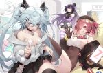  3girls absurdres bare_shoulders black_hair blue_eyes blue_nails breasts capsule cleavage food hair_ornament hairclip highres indoors jacket kneeling lifted_by_self long_hair looking_at_viewer lying microskirt multiple_girls open_clothes open_jacket purple_eyes purple_hair red_eyes red_hair shanyao_jiang_tororo short_hair sideboob skirt standing tongue tongue_out twintails white_nails 