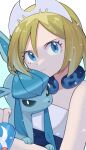  1girl alternate_color blonde_hair blue_eyes dress eyelashes glaceon hair_between_eyes hairband highres holding holding_pokemon irida_(pokemon) kana_(kanna_runa0620) pokemon pokemon_(creature) pokemon_(game) pokemon_masters_ex short_hair sleeveless sleeveless_dress strapless strapless_dress upper_body white_hairband 