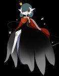  1girl alternate_color black_background black_dress black_gloves black_theme blue_hair bob_cut cape clothed_pokemon colored_skin commentary_request crown dress full_body gardevoir gloves hair_between_eyes hands_up highres legs looking_to_the_side mega_gardevoir mega_pokemon mini_crown open_mouth pokemon pokemon_(creature) red_cape red_eyes shiny_pokemon short_hair simple_background sitting solo white_skin yellow_headwear zen_(koko) 