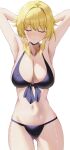  1girl absurdres armpits arms_behind_head bikini black_bikini blonde_hair breasts cleavage closed_eyes collarbone commentary_request genshin_impact groin hair_between_eyes highres katagirinanoka large_breasts looking_at_viewer lumine_(genshin_impact) navel short_hair short_hair_with_long_locks sidelocks simple_background sleeveless smile solo stomach swimsuit white_background 