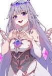  1girl absurdres bare_shoulders black_corset blush breasts chest_jewel corset crown crystal detached_collar detached_wings dress gem gem_hair_ornament gradient_hair grey_hair hair_flaps heart heart_hands highres hitozche hololive hololive_english jewel_under_eye koseki_bijou long_hair looking_at_viewer medium_dress metal_wings multicolored_hair open_mouth purple_eyes purple_gemstone purple_hair simple_background single_arm_guard small_breasts smile solo strapless strapless_dress tiara underbust very_long_hair virtual_youtuber white_background white_dress wings 