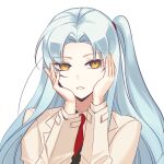  1girl angela_(project_moon) black_vest blue_hair commentary_request hands_on_own_cheeks hands_on_own_face ktsis lab_coat light_blue_hair lobotomy_corporation long_hair long_sleeves looking_at_viewer necktie parted_bangs project_moon red_necktie shirt side_ponytail simple_background solo transparent_background vest white_shirt 