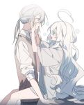  1boy 1girl asphyxia17 blue_eyes hand_on_another&#039;s_cheek hand_on_another&#039;s_face highres long_hair looking_at_another open_mouth original simple_background sitting sitting_on_person very_long_hair white_background white_eyes white_hair 