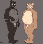  2021 anthro balls bear belly biped black_body black_nose blush blush_lines bodily_fluids brown_body chastity_cage chastity_device claws countershade_face countershade_torso countershading duo eyebrows featureless_chest front_view fuf genital_fluids genitals grey_body hi_res leaking_precum looking_at_viewer male mammal multicolored_body navel nude plantigrade precum round_ears short_tail simple_background slightly_chubby smile sounding_rod standing tail teeth toe_claws two_tone_body urethral white_body 