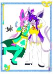  2017 absurd_res ahoge anthro armor blue_eyes bottomwear cape clothing cute_expression derthevaporeon duo eeveelution espeon exposed_hips female forked_tail generation_2_pokemon generation_6_pokemon gesture hair head_gem hi_res jewelry kagome_(sugarysylvee) mask nintendo pink_hair pokemon pokemon_(species) purple_eyes purple_hair ribbons salute shoulder_pads simple_background skirt smile smiling_at_viewer surprised_expression sylveon tail takume_(derthevaporeon) unusual_anatomy unusual_tail weapon white_background 
