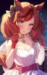  1girl animal_ears blurry blurry_background blush breasts cleavage closed_mouth collarbone commentary_request dress fence gloves hair_ornament highres horse_ears horse_girl jewelry looking_at_viewer medium_breasts necklace nice_nature_(umamusume) night nira_(vira) red_hair solo umamusume 