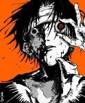  1boy bandaged_head bandages black_eyes black_hair chrollo_lucilfer disembodied_eye earrings eyeball fukjo_shiro highres holding_eyeball hunter_x_hunter jewelry looking_at_viewer male_focus orange_background red_eyes shirt short_hair simple_background solo upper_body white_shirt 