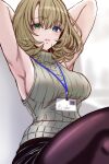  1girl armpits arms_behind_head artist_name black_skirt breasts brown_hair heterochromia highres idolmaster idolmaster_cinderella_girls ko-ki_(kkk51617587) looking_at_viewer medium_breasts mole mole_under_eye name_tag office_lady pantyhose short_hair sideboob signature skirt sleeveless sleeveless_turtleneck takagaki_kaede thighs turtleneck 