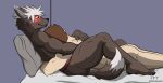  anthro bed blush canid cuddling duo embrace fftempest fluffy fluffy_tail fur furniture grey_body grey_fur hair hi_res hug human humanoid jock_protagonist_(tas) laying_on_top lying male male/male mammal muscular muscular_male on_back protagonist_(tas) red_eyes tadatomo tail thick_thighs white_hair yellow_sclera 