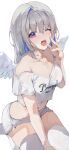  ;o amane_kanata bare_shoulders blue_hair blush breasts cleavage clothes_writing collarbone feathered_wings grey_hair highres hololive long_hair looking_at_viewer medium_breasts multicolored_hair navel off_shoulder one_eye_closed open_mouth purple_eyes seiza shirt short_shorts short_sleeves shorts simple_background sitting tearing_up thighhighs two-tone_hair virgo76612871 virtual_youtuber white_background white_shirt white_shorts white_thighhighs white_wings wings 