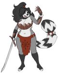  anthro armor big_breasts blackbetty bottomwear breasts cleavage clothed clothing female franciene_(tango&#039;s_family) hair hi_res loincloth looking_at_viewer mammal melee_weapon open_mouth procyonid raccoon solo sword thick_thighs topwear weapon wide_hips 