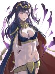  1girl black_hair blunt_bangs breasts bridal_gauntlets cape circlet cleavage fire_emblem fire_emblem_awakening groin highres jewelry large_breasts long_hair looking_at_viewer navel pulled_by_self purple_eyes revealing_clothes shan_laotou simple_background solo tharja_(fire_emblem) tiara two_side_up white_background 