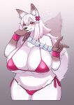  absurd_res accessory anthro bikini biped breasts canid canine clothed clothing female flower flower_in_hair fox fur hair hair_accessory hi_res looking_at_viewer mammal plant red_eyes simple_background skimpy solo swimwear white_body white_fur white_hair yamame513 