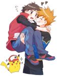  2boys blue_jacket blue_oak blue_oak_(sygna_suit) blush brown_eyes brown_hair carrying closed_eyes clothed_pokemon commentary_request flying_sweatdrops grin hat heart highres jacket long_sleeves male_focus mochi_(mocchi_p_2m) multiple_boys official_alternate_costume open_mouth pants pikachu pokemon pokemon_(creature) pokemon_(game) pokemon_masters_ex red_(pokemon) red_(sygna_suit)_(pokemon) red_headwear shirt shoes short_hair smile sparkle spiked_hair teeth white_background yaoi 