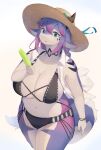  2023 anthro big_breasts bikini black_bikini black_clothing black_swimwear blue_eyes breasts clothed clothing dragon eyelashes female fingers food hair hat headgear headwear hi_res holding_food holding_object holding_popsicle horn lanya_(shian) long_hair looking_at_viewer multicolored_hair navel popsicle purple_hair shian simple_background solo sun_hat swimwear tail two_tone_hair wingless_dragon 