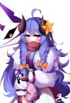  1girl absurdres ahoge blush bow braid cowboy_shot dated flower fur-trimmed_kimono fur_trim grey_background hair_bow highres horn_flower horns japanese_clothes kimono kindred_(league_of_legends) lamb_(league_of_legends) league_of_legends long_hair long_sleeves make_(drnr2342) orange_bow orange_flower pink_eyes scarf signature smile spirit_blossom_kindred twin_braids twintails white_kimono wolf_(league_of_legends) 