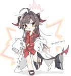  1girl ahoge black_hair black_horns black_tail blue_archive blush brown_eyes closed_mouth coat collared_shirt demon_horns full_body hair_intakes halo highres horns kasumi_(blue_archive) lab_coat long_hair naguru_(cyoroama) oversized_clothes red_halo red_shirt shirt simple_background sleeves_past_fingers sleeves_past_wrists smile solo twitter_username white_background white_coat 