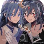  2girls bangs black_gloves black_hair black_jacket blue_eyes blue_hair blue_kimono closed_mouth commentary_request drawn_ears drawn_whiskers dual_persona fingerless_gloves fu_hua fu_hua_(azure_empyrea) fu_hua_(herrscher_of_sentience) fu_hua_(taixuan_impression) gloves hair_between_eyes hand_up highres honkai_(series) honkai_impact_3rd jacket japanese_clothes kimono long_hair looking_at_viewer multiple_girls red_eyes sawada_(yumenosumiko) simple_background twitter_username upper_body white_background 