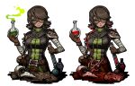  1girl bandaged_arm bandages breasts brown_gloves brown_hair chinese_commentary darkest_dungeon gloves green_eyes h_ikenuma highres looking_at_viewer medium_breasts medium_hair papers parted_lips plague_doctor_(darkest_dungeon) plague_doctor_mask potion round_eyewear shoulder_spikes simple_background smile spiked_pauldrons spikes variations vial white_background 