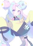  &gt;:) asymmetrical_legwear blush bow character_hair_ornament closed_mouth gaogao_(gaogaomegu) hair_bow hair_ornament highres iono_(pokemon) long_hair magnemite mismatched_legwear multicolored_hair oversized_clothes pantyhose pastel_colors pokemon pokemon_(game) pokemon_sv sharp_teeth split-color_hair teeth two-tone_hair v-shaped_eyebrows variant_set very_long_hair very_long_sleeves white_background 