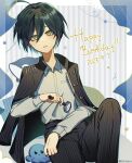  1boy ahoge black_hair black_pants chifurin collared_shirt danganronpa_(series) danganronpa_v3:_killing_harmony dated frown grey_shirt hair_between_eyes happy_birthday holding holding_magnifying_glass jacket jacket_on_shoulders long_sleeves looking_at_viewer magnifying_glass male_focus multicolored_background open_clothes open_jacket pants saihara_shuichi shirt short_hair striped striped_pants 