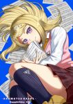  1girl ahoge akamatsu_kaede artist_name black_socks blonde_hair blue_background character_name closed_mouth commentary_request danganronpa_(series) danganronpa_v3:_killing_harmony dated english_text hair_ornament happy_birthday highres kusatakesi long_hair long_sleeves looking_at_viewer lying musical_note musical_note_hair_ornament necktie orange_necktie paper pink_sweater_vest purple_eyes sheet_music shirt shoes simple_background smile socks solo staff_(music) sweater_vest swept_bangs twitter_username white_shirt yellow_footwear 
