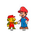 1985 2023 2boys artist_name blue_overalls brown_footwear brown_hair collared_shirt dual_persona english_commentary fist_bump gloves hair_behind_ear hat highres male_focus mario mario_(series) multiple_boys overalls pixelated red_headwear red_shirt shirt shoes smile super_mario_bros._1 the_super_mario_bros._movie white_background white_gloves zeoarts 