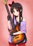  1girl akiyama_mio black_gloves bow brown_hair closed_mouth clothes_writing collarbone commentary_request cowboy_shot een941 electric_guitar gloves gradient_background guitar hair_bow highres holding holding_guitar holding_instrument instrument k-on! light_blush long_hair looking_at_viewer pants purple_eyes purple_shirt red_bow red_pants shirt signature smile solo split_mouth standing 