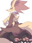  2022 absurd_res anthro big_breasts blush breasts canid canine delphox feet female fox fur generation_6_pokemon hi_res kneeling looking_at_viewer looking_back mammal nintendo nyaswitchnya pawpads paws pokemon pokemon_(species) red_body red_eyes red_fur simple_background solo white_background white_body white_fur yellow_body yellow_fur 