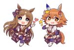  +_+ 2girls animal_ears back_bow blue_eyes blush boots bow breasts brown_hair chibi choker clenched_hand clover_hair_ornament commentary_request corset cropped_jacket ear_covers flipped_hair four-leaf_clover_hair_ornament full_body garter_straps grass_wonder_(umamusume) hair_between_eyes hair_ornament heart highres horse_ears horse_girl horse_tail jacket matikanefukukitaru_(umamusume) medium_breasts multicolored_hair multiple_girls open_clothes open_jacket orange_hair pendant_choker purple_bow purple_choker purple_thighhighs purple_wristband red_shorts short_hair shorts simoyuki single_ear_cover smile star_(symbol) starting_future_(umamusume) streaked_hair tail thighhighs umamusume white_footwear white_hair white_jacket 