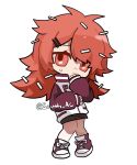  1girl chibi flaky_(happy_tree_friends) happy_tree_friends jacket letterman_jacket long_hair personification purple_footwear purple_sleeves red_eyes red_hair shoes sidelocks simple_background sneakers solo south_ac standing white_background white_jacket 