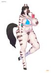  anthro big_breasts bikini breasts clothing drinking equid equine female genitals hi_res ipan mammal one_breast_out pussy pussy_floss solo swimwear zebra 