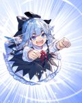  1girl blue_bow blue_dress blue_eyes blue_hair bow cirno dress fairy frilled_dress frills hair_bow highres ice ice_wings open_mouth shirt short_hair short_sleeves smile solo teeth touhou upper_teeth_only white_shirt wings zounose 