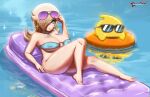  1boy 1girl absurdres adjusting_eyewear awesomeerix bikini blonde_hair breasts cleavage covered_nipples earrings hair_over_one_eye highres impossible_clothes impossible_swimsuit inflatable_raft innertube jewelry large_breasts looking_at_viewer luma_(mario) lying mario_(series) on_back reclining rosalina star_(symbol) star_earrings sunglasses super_mario_galaxy swimsuit water 