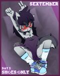  absurd_res anthro bed bedding blanket canid canid_demon canine canis clothing demon female footwear furniture glasse hellhound hi_res legwear lying lying_on_bed mammal on_back on_bed sextember shoes sneakers solo stockings tdfoxoo wolf 