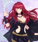 1girl belt bodysuit breasts cape cleavage cleavage_cutout closed_mouth clothing_cutout facial_mark fire_emblem fire_emblem_engage hair_ornament hele helen2210hk highres long_hair looking_at_viewer one_eye_closed red_eyes red_hair simple_background solo star_(symbol) star_hair_ornament yunaka_(fire_emblem) 