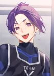  1boy artist_name blue_lock commentary dekkaimabushi english_text highres looking_at_viewer male_focus mikage_reo open_mouth purple_eyes purple_hair soccer_uniform solo sportswear sweat teeth thick_eyebrows tongue tongue_out upper_body upper_teeth_only 