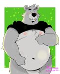  2023 absurd_res anthro bear black_nose clothed clothing grey_body hi_res kemono m2vcjtad5hsdvla male mammal moobs navel nipples overweight overweight_male raised_clothing raised_shirt raised_topwear shirt simple_background solo topwear 