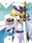  blonde_hair grand_admiral_marina green_eyes guardian_tales hat highres holding holding_sword holding_weapon one_eye_covered solo suikabo sword weapon 