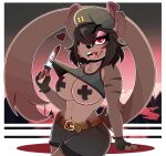  &lt;3 2023 absurd_res anthro arm_tuft azalea_(wireless_shiba) belt beret big_breasts black_hair blood blush bodily_fluids bottomwear breasts brown_body brown_fur cheek_tuft chest_tuft claws clothed clothing digital_media_(artwork) elbow_tuft eyebrow_through_hair eyebrows eyelashes facial_tuft felid feline female fingerless_gloves fur gloves hair handwear hat headgear headwear hi_res inner_ear_fluff knife looking_at_viewer mammal navel nipple_tape open_mouth pantherine pasties red_eyes shorts smile solo sweat tail tape teeth topwear translucent translucent_hair tuft wireless_shiba 