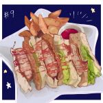 blue_background food food_focus french_fries lettuce meat no_humans numbered original plate sandwich sauce shadow simple_background star_(symbol) still_life takisou_sou 