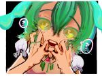  1girl ? black_background border brooch collared_shirt commentary_request crying crying_with_eyes_open dutch_angle edamame_(food) green_hair green_ribbon hand_to_own_mouth hands_up highres jewelry looking_at_viewer no_pupils open_mouth outside_border puchu puffy_short_sleeves puffy_sleeves raised_eyebrows ribbon shadow shirt short_sleeves solo spoken_question_mark sweat tears upper_body voicevox white_border white_shirt yellow_eyes zundamon 
